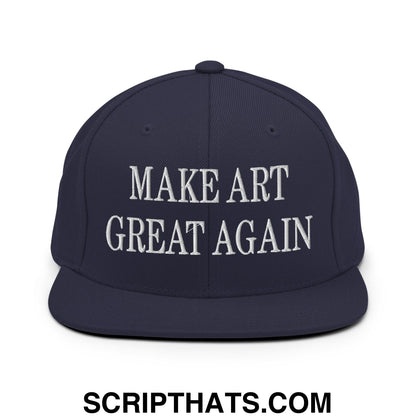 Navy blue snapback hat with white embroidered make art great again text and flat bill brim design