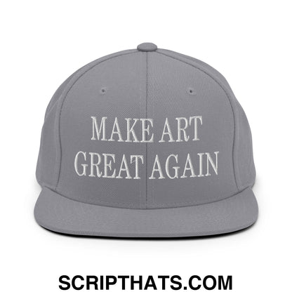 Gray snapback hat with white embroidered make art great again text and a flat bill brim design