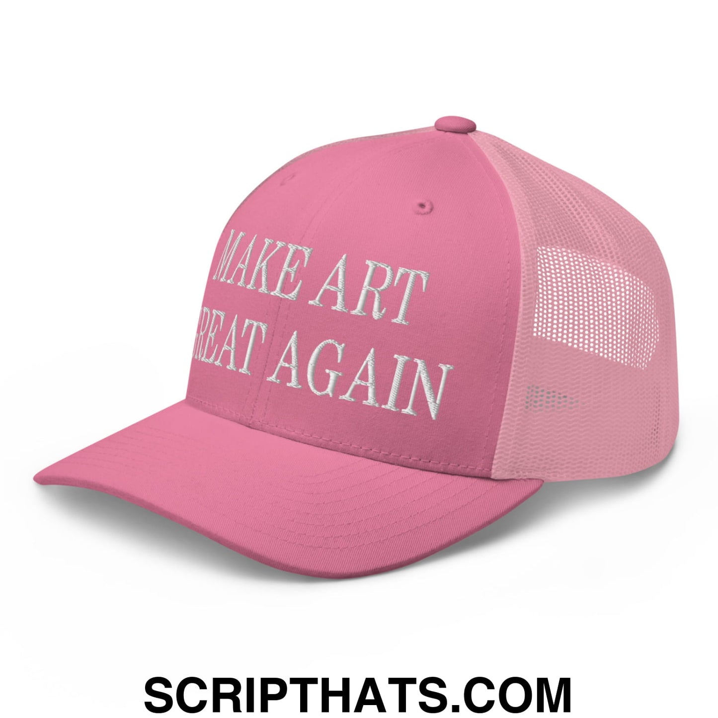 Pink make art great again embroidered mesh trucker hat with white text and breathable mesh back panel