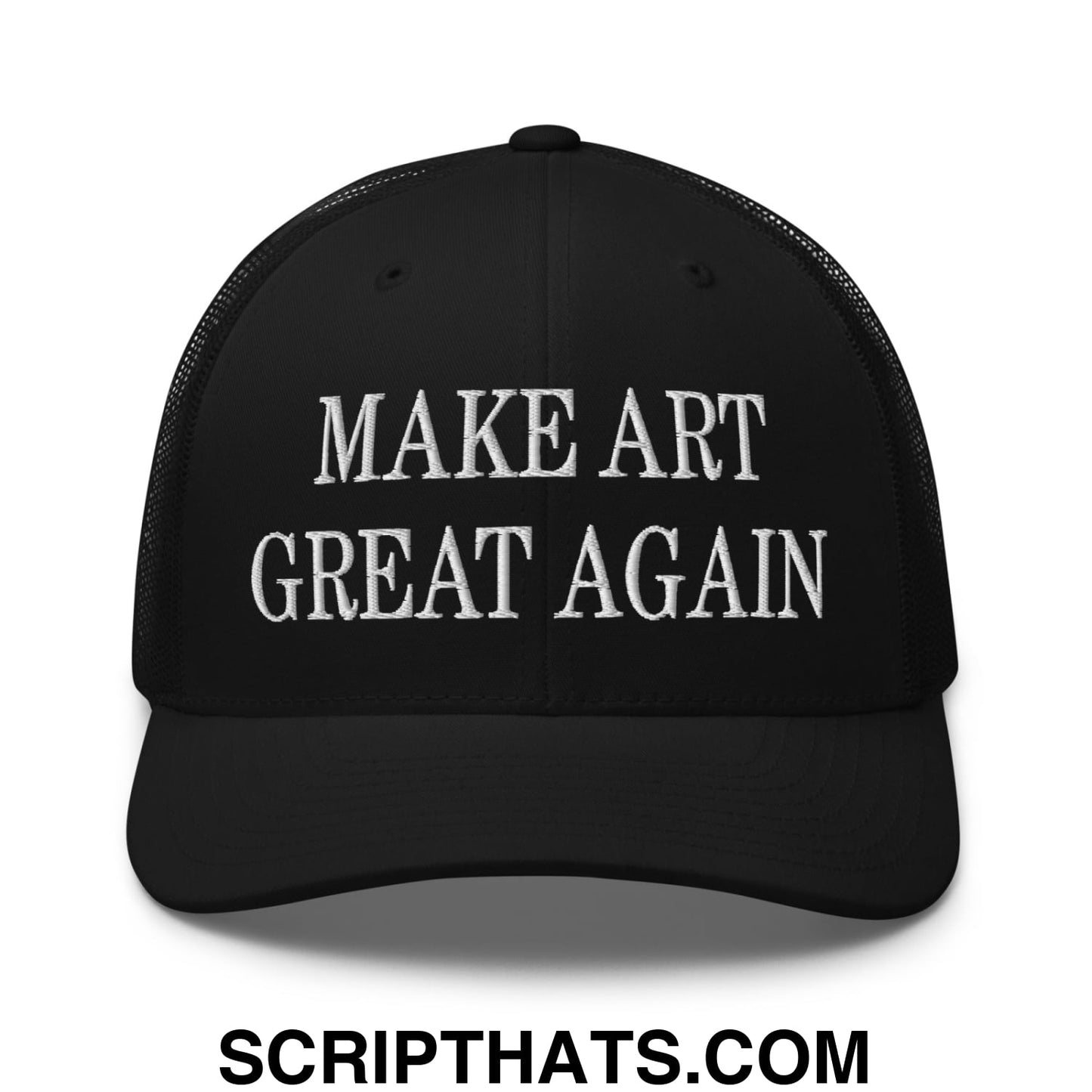 Black mesh trucker hat with white embroidered text reading make art great again on the front panel
