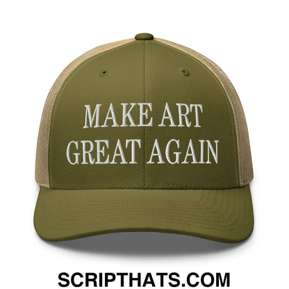 Olive green and tan embroidered mesh trucker hat with white text make art great again
