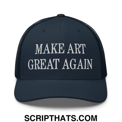 Dark navy embroidered mesh trucker hat with white make art great again text across the front