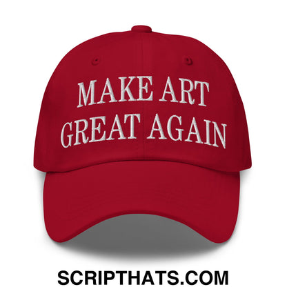 Red unstructured dad hat with white embroidered make art great again text perfect for casual wear