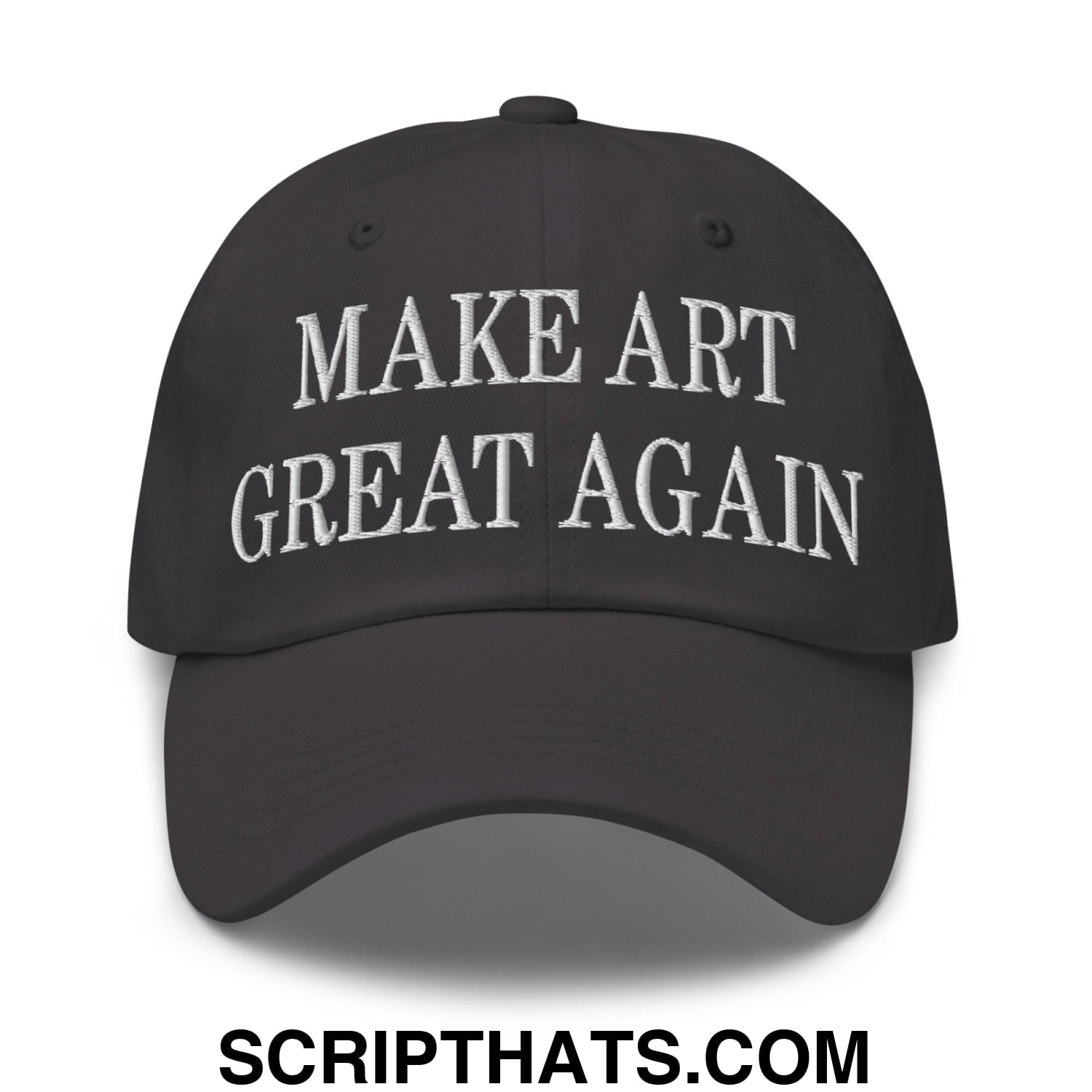 Black unstructured dad hat featuring white embroidered make art great again text for casual wear