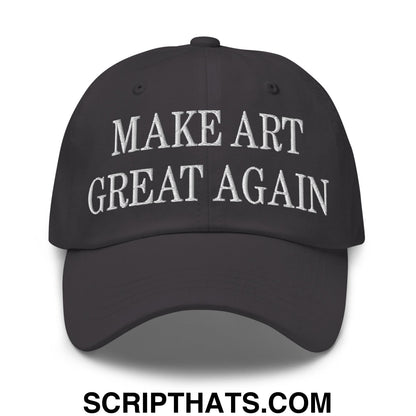 Black unstructured dad hat featuring white embroidered make art great again text for casual wear