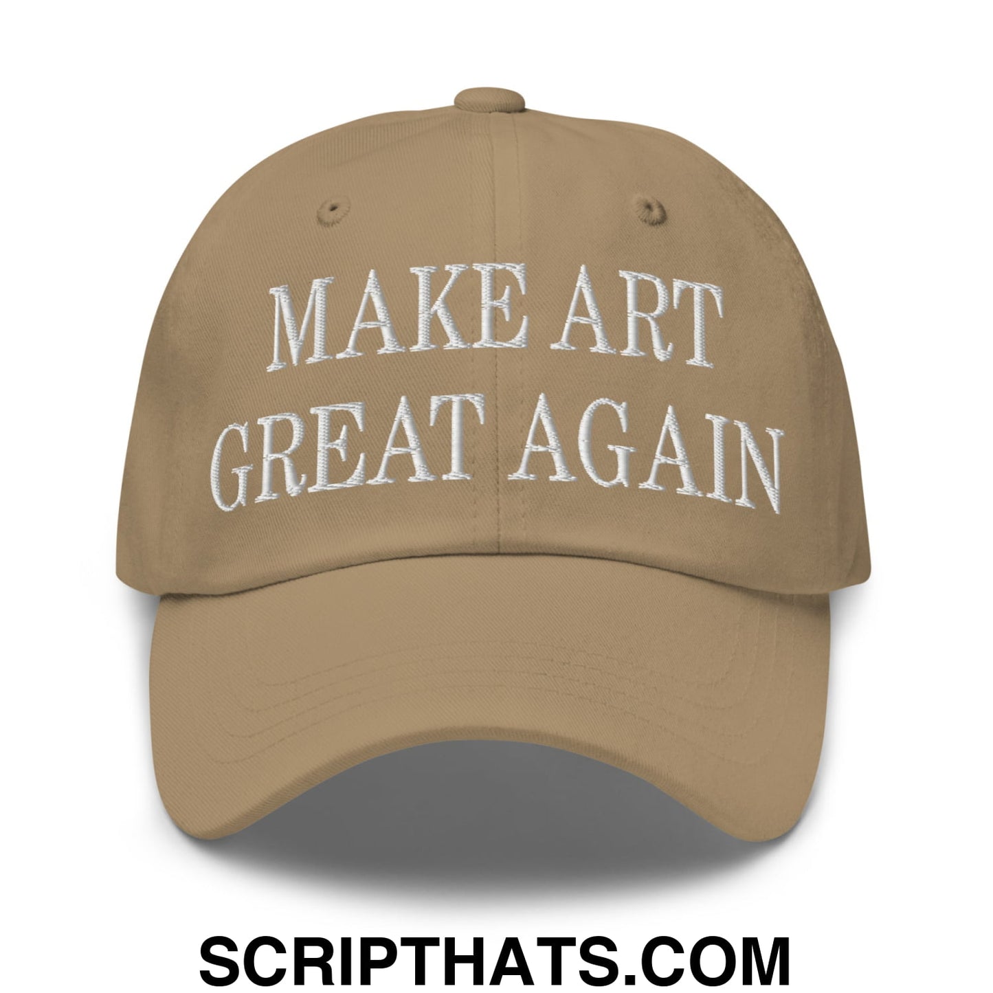 Tan unstructured dad hat with white embroidered make art great again text perfect for casual wear