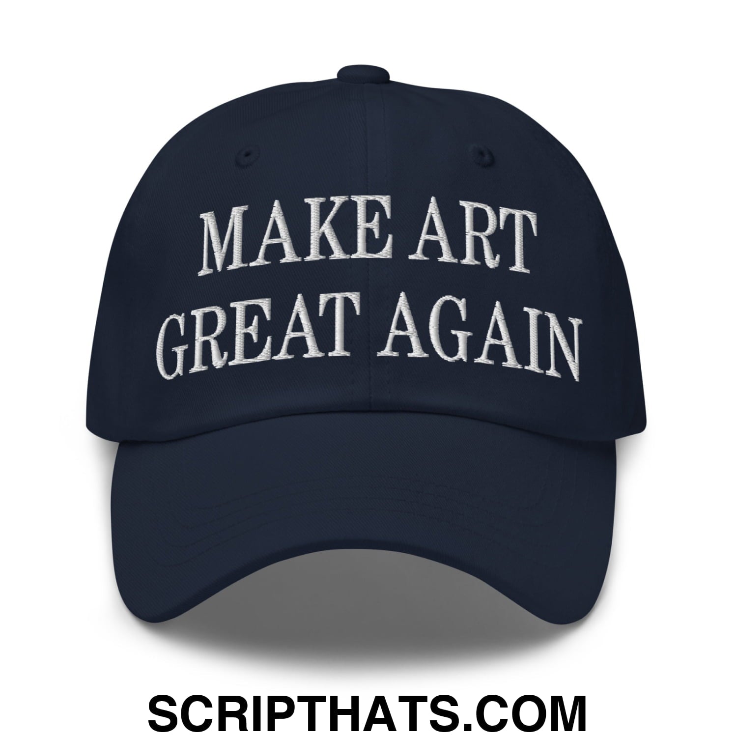 Navy blue unstructured dad hat with white embroidered text make art great again on the front panel