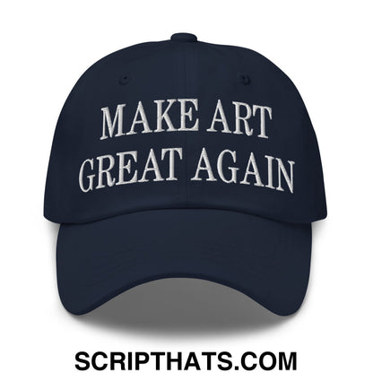 Navy blue unstructured dad hat with white embroidered text make art great again on the front panel