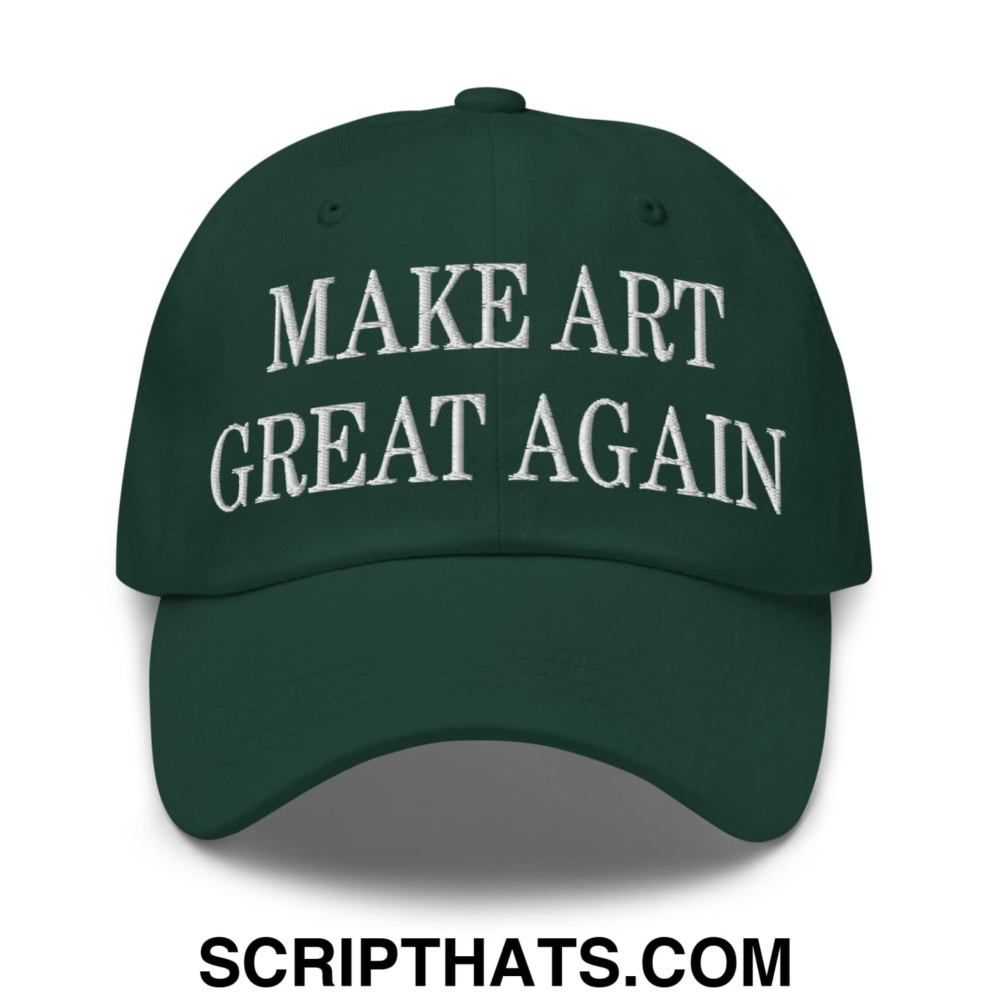Dark green embroidered unstructured dad hat with white make art great again text for casual wear