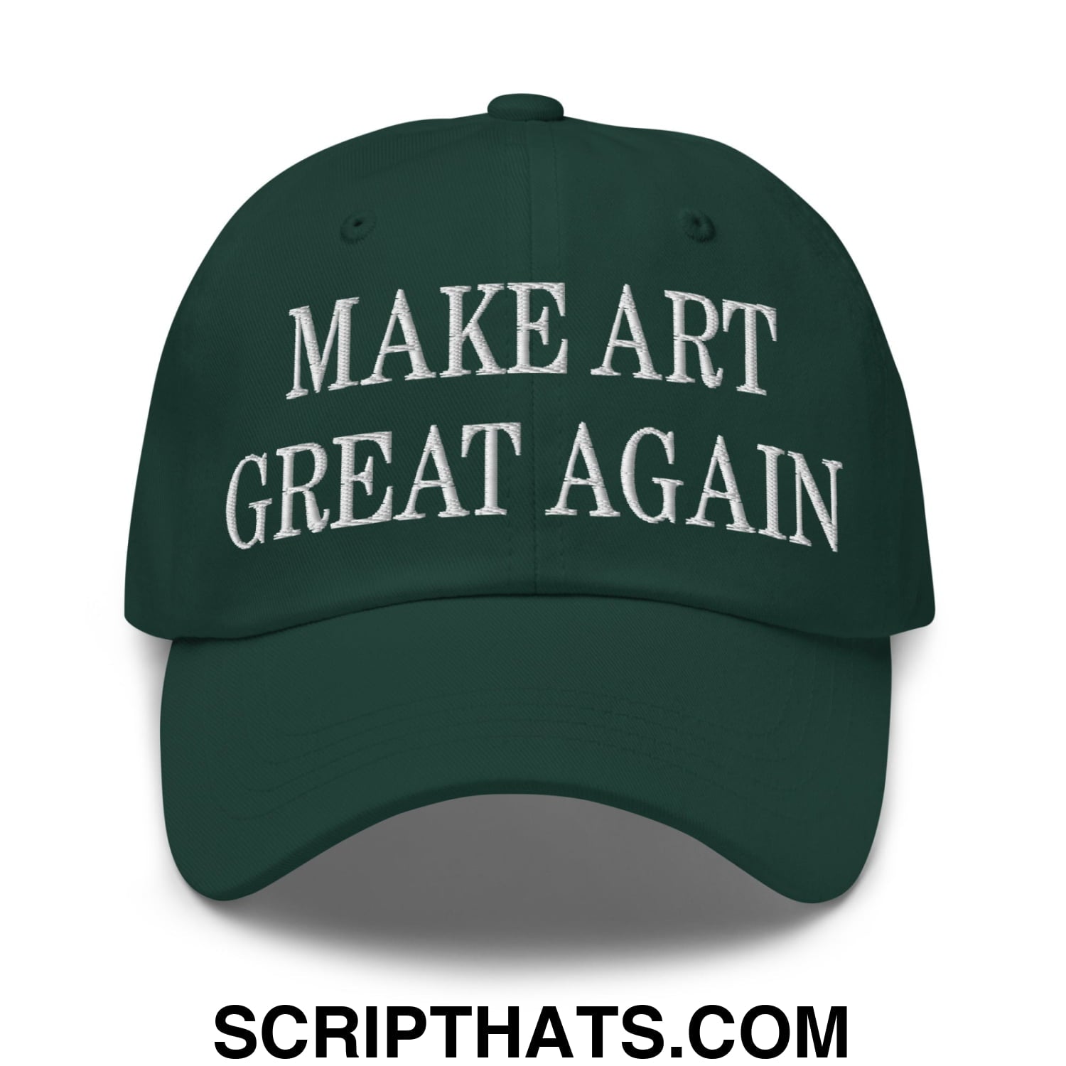 Dark green embroidered unstructured dad hat with white make art great again text for casual wear
