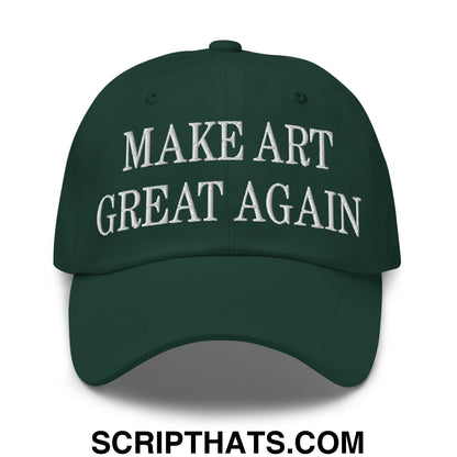 Dark green embroidered unstructured dad hat with white make art great again text for casual wear