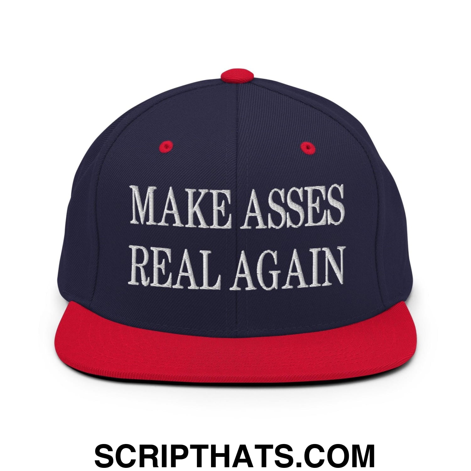 Make Asses Real Again Embroidered Flat Bill Brim Snapback Hat Navy Red