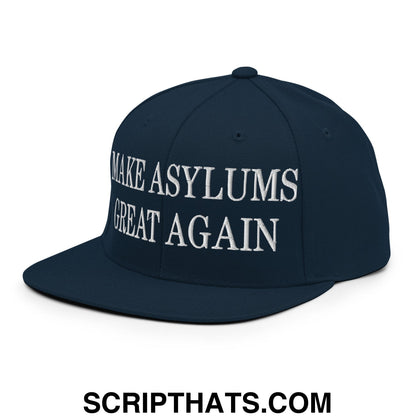 Dark navy blue snapback cap with white embroidered text make asylums great again flat bill brim hat
