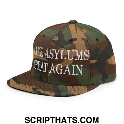A camouflage-patterned flat bill brim snapback hat with white embroidered make asylums great again text
