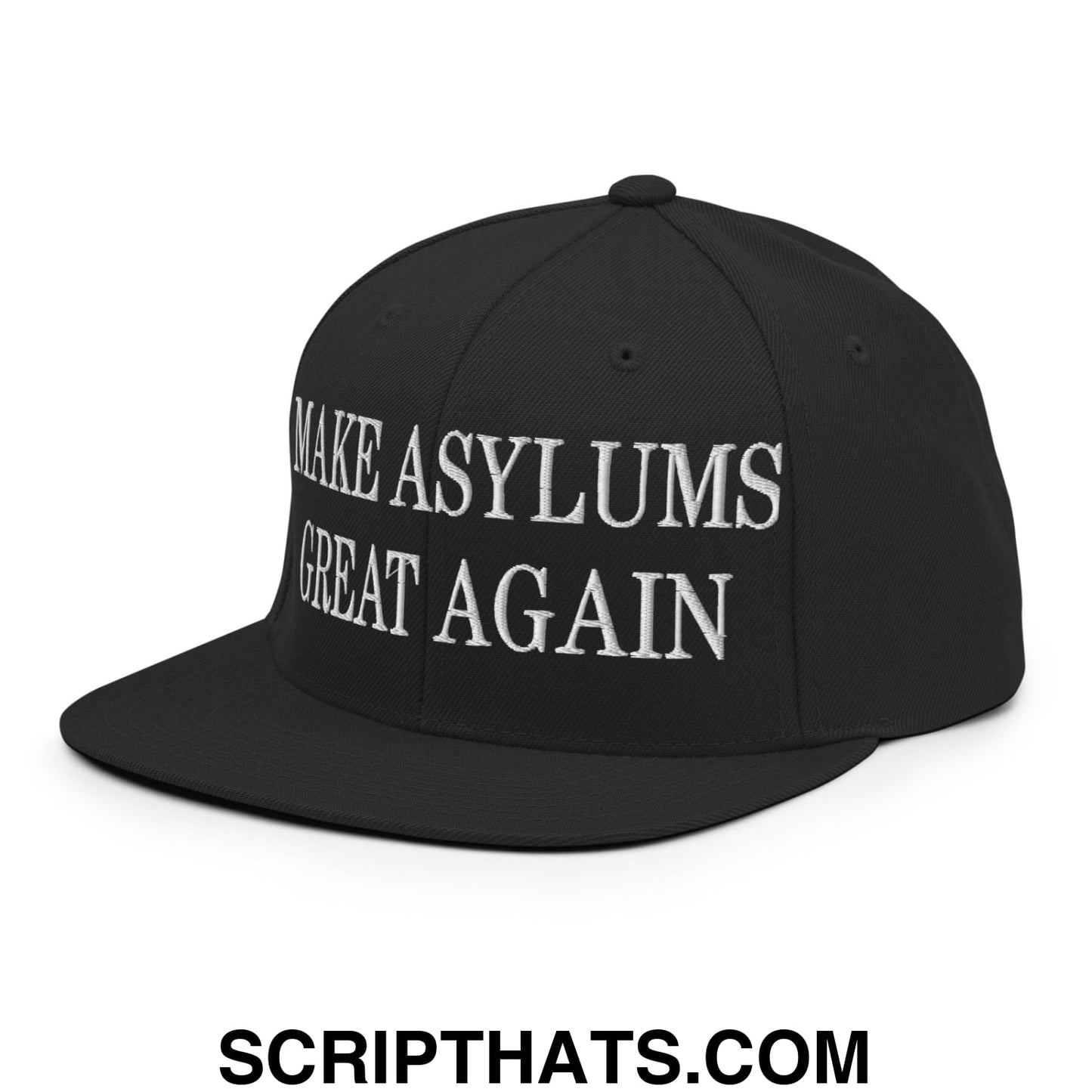 Black snapback cap with white embroidered make asylums great again text featuring a flat bill brim design