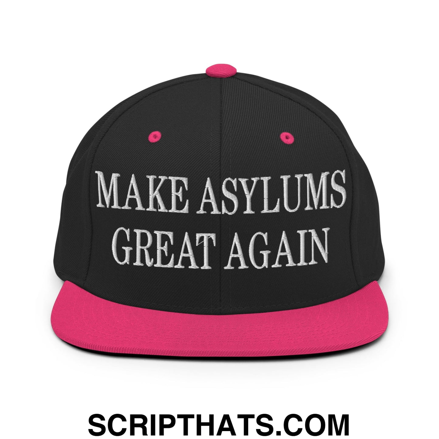 Black snapback cap with vibrant pink brim and white embroidered make asylums great again text on front panel