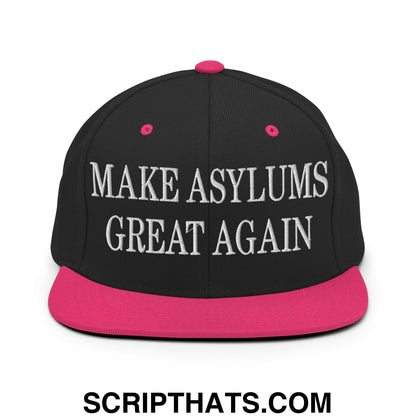 Black snapback cap with vibrant pink brim and white embroidered make asylums great again text on front panel