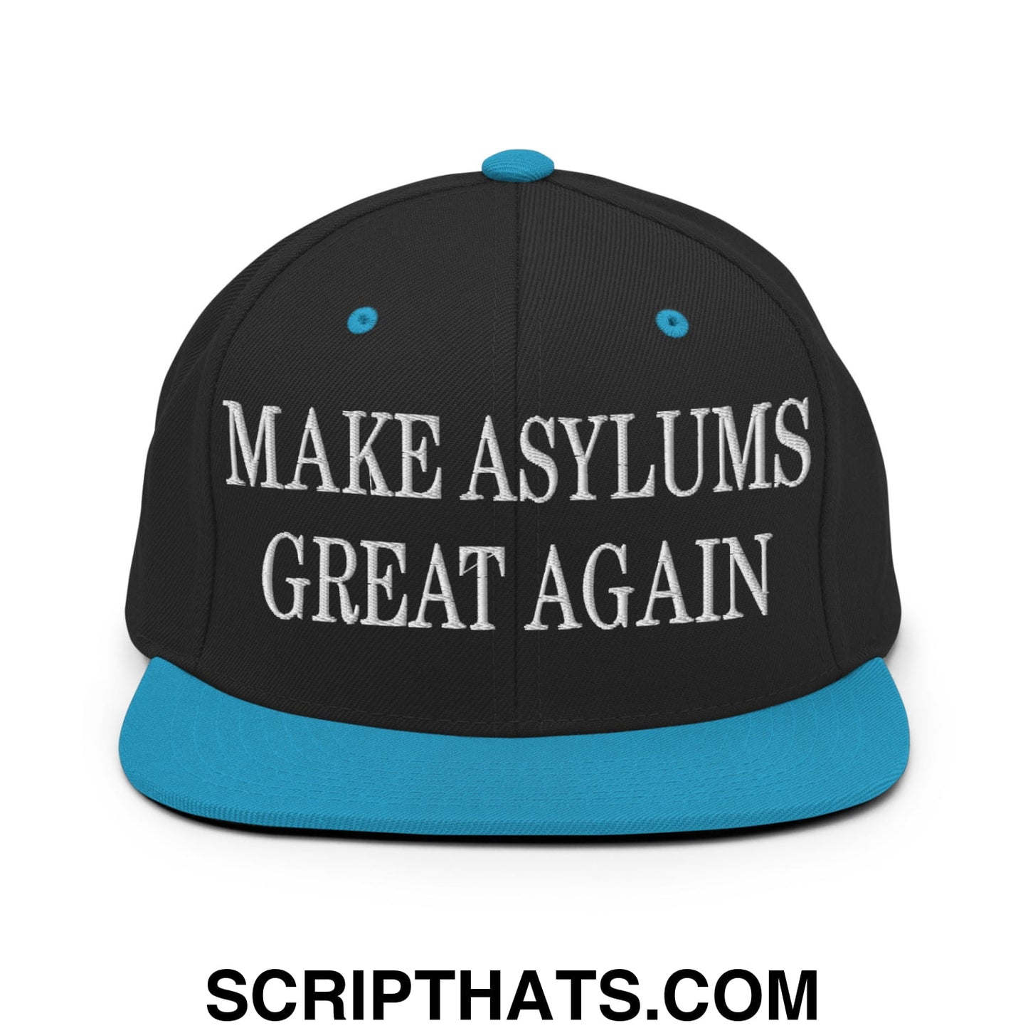 Black snapback cap with teal brim and button featuring white embroidered text make asylums great again