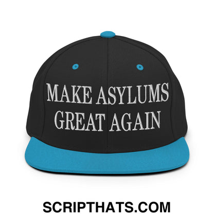 Black snapback cap with teal brim and button featuring white embroidered text make asylums great again