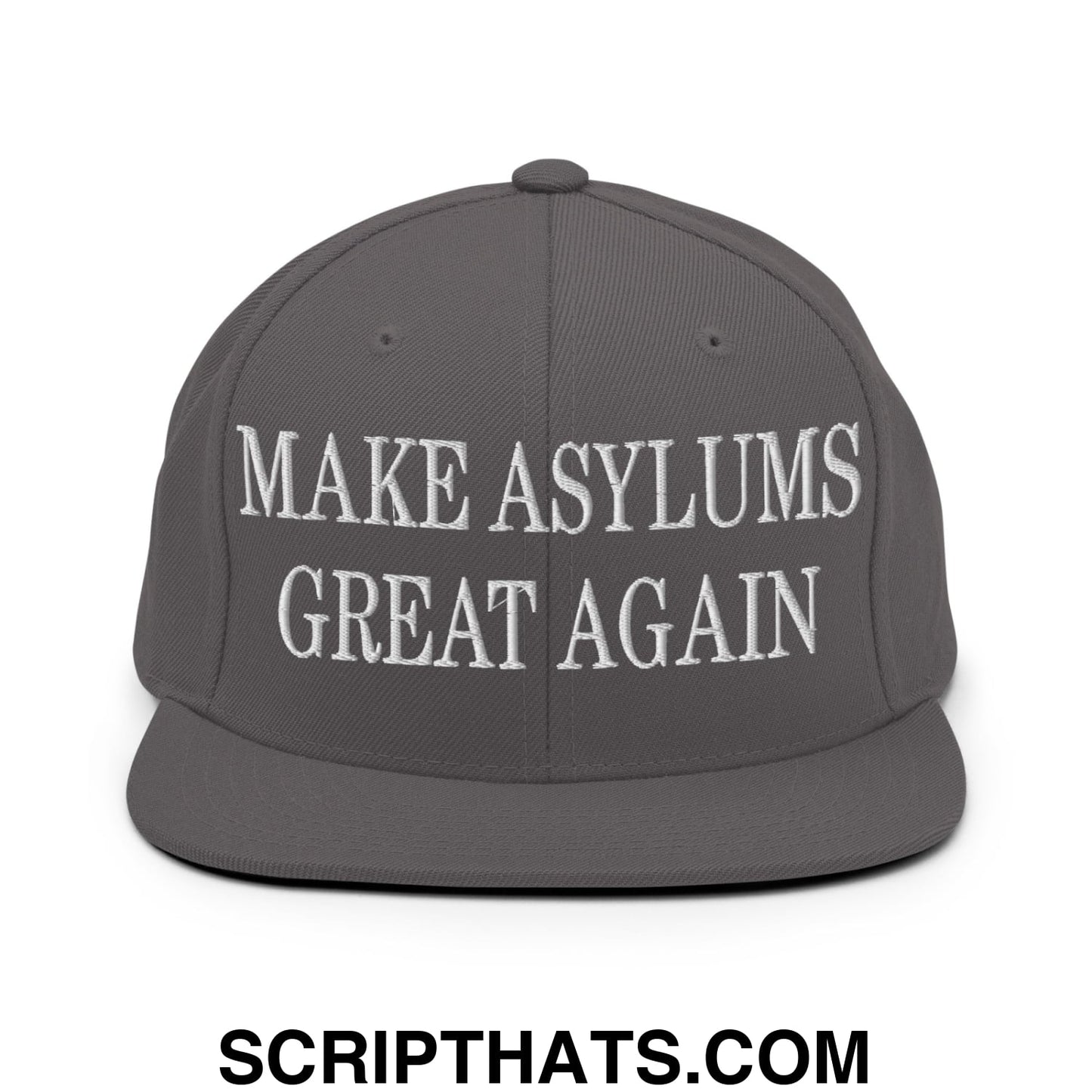 Gray snapback hat with white embroidered make asylums great again text and flat bill brim for casual wear