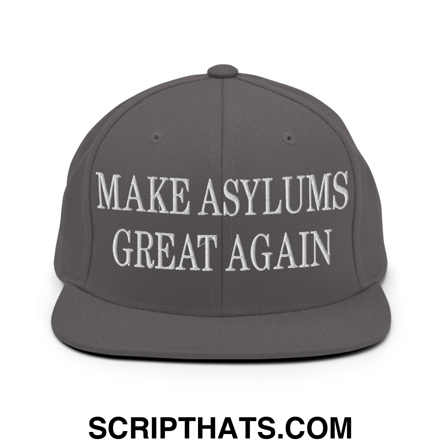 Gray snapback hat with white embroidered make asylums great again text and flat bill brim for casual wear