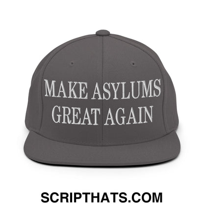 Gray snapback hat with white embroidered make asylums great again text and flat bill brim for casual wear