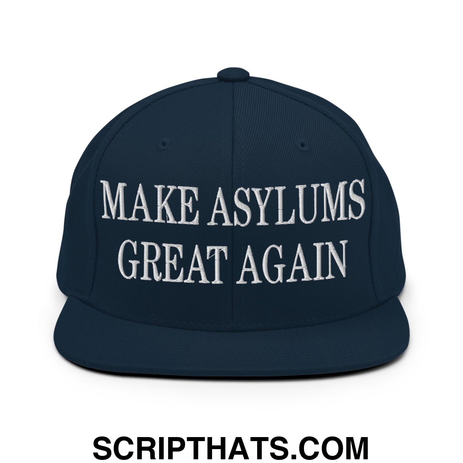 Navy blue snapback cap with white embroidered text make asylums great again flat bill brim design