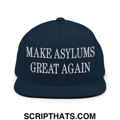 Navy blue snapback cap with white embroidered text make asylums great again flat bill brim design