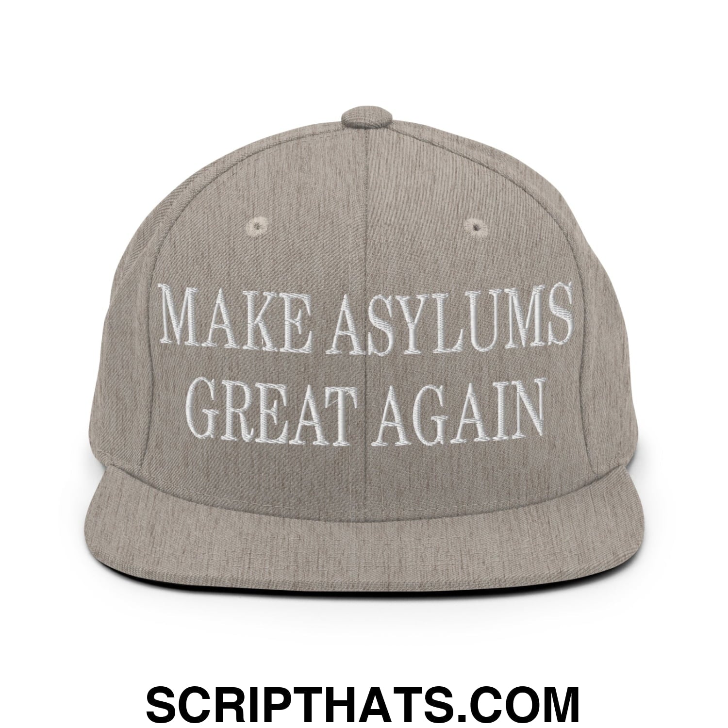 Gray snapback hat with white embroidered text make asylums great again flat bill brim for casual wear