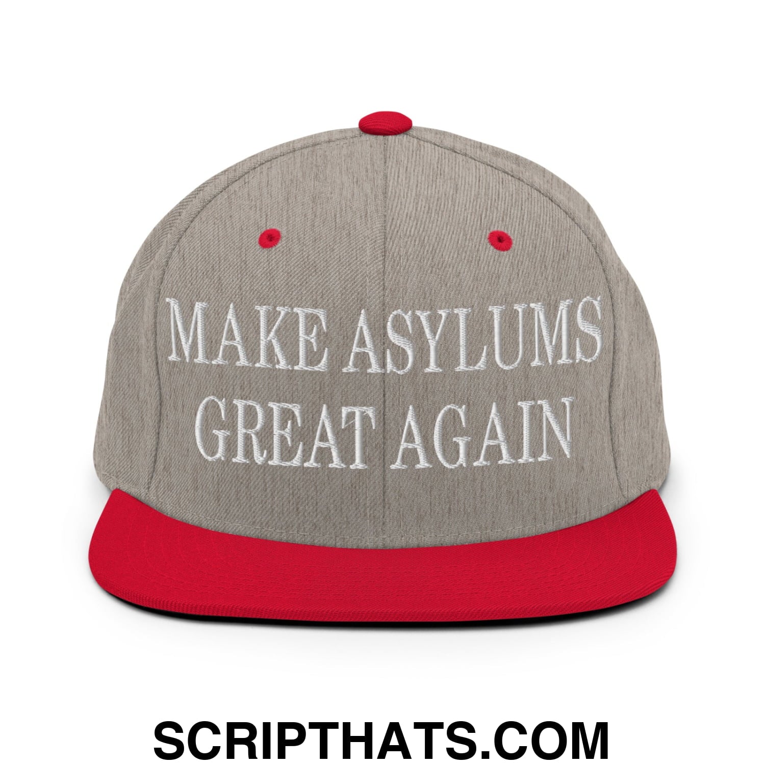 Gray snapback cap with red brim and button featuring white embroidered text make asylums great again