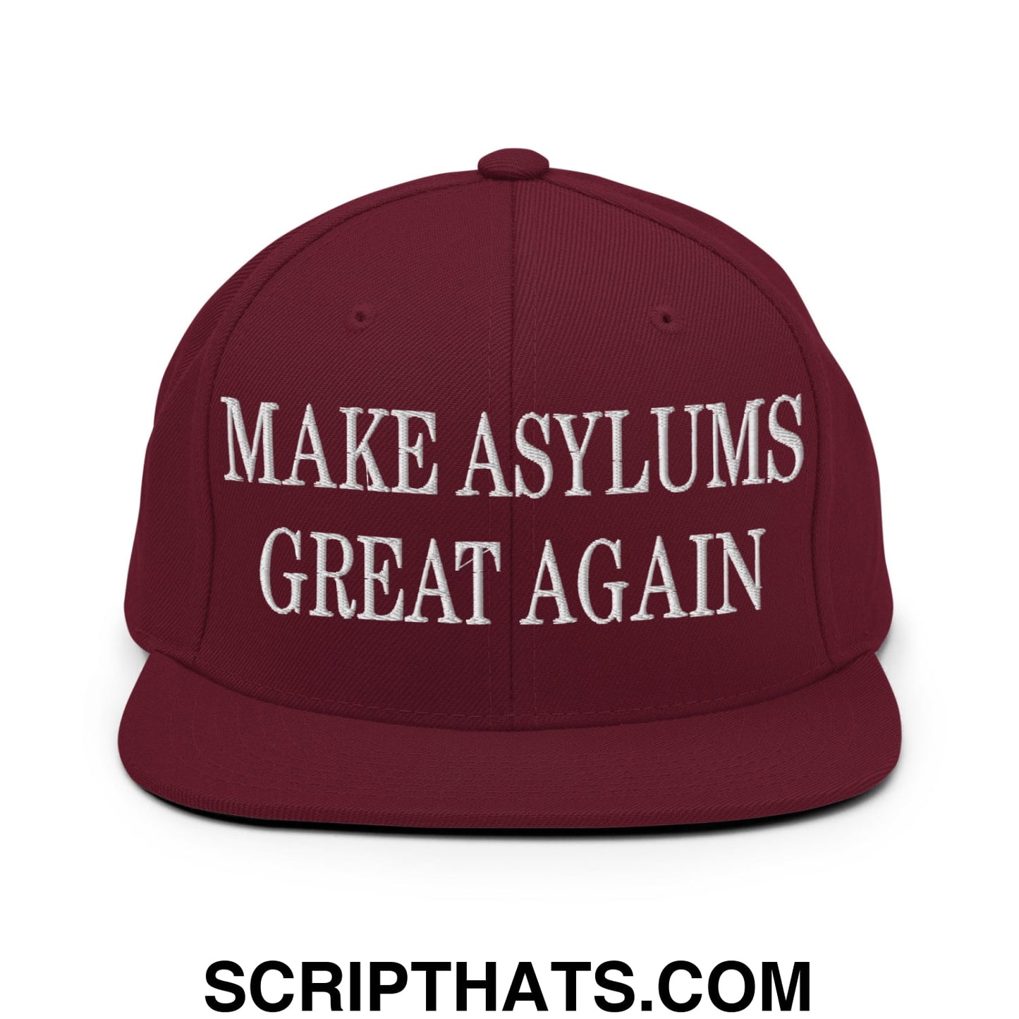 Maroon embroidered flat bill brim snapback hat with white text make asylums great again for casual wear