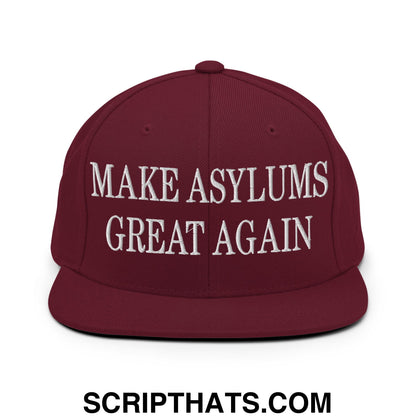 Maroon embroidered flat bill brim snapback hat with white text make asylums great again for casual wear