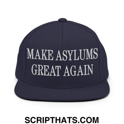Navy blue snapback cap with white embroidered text make asylums great again and a flat bill brim design