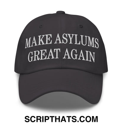Black unstructured dad hat with white embroidered make asylums great again text for casual wear