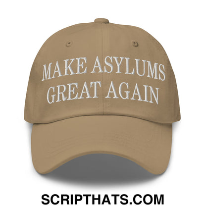 Tan embroidered unstructured dad hat with make asylums great again white text embroidery on front