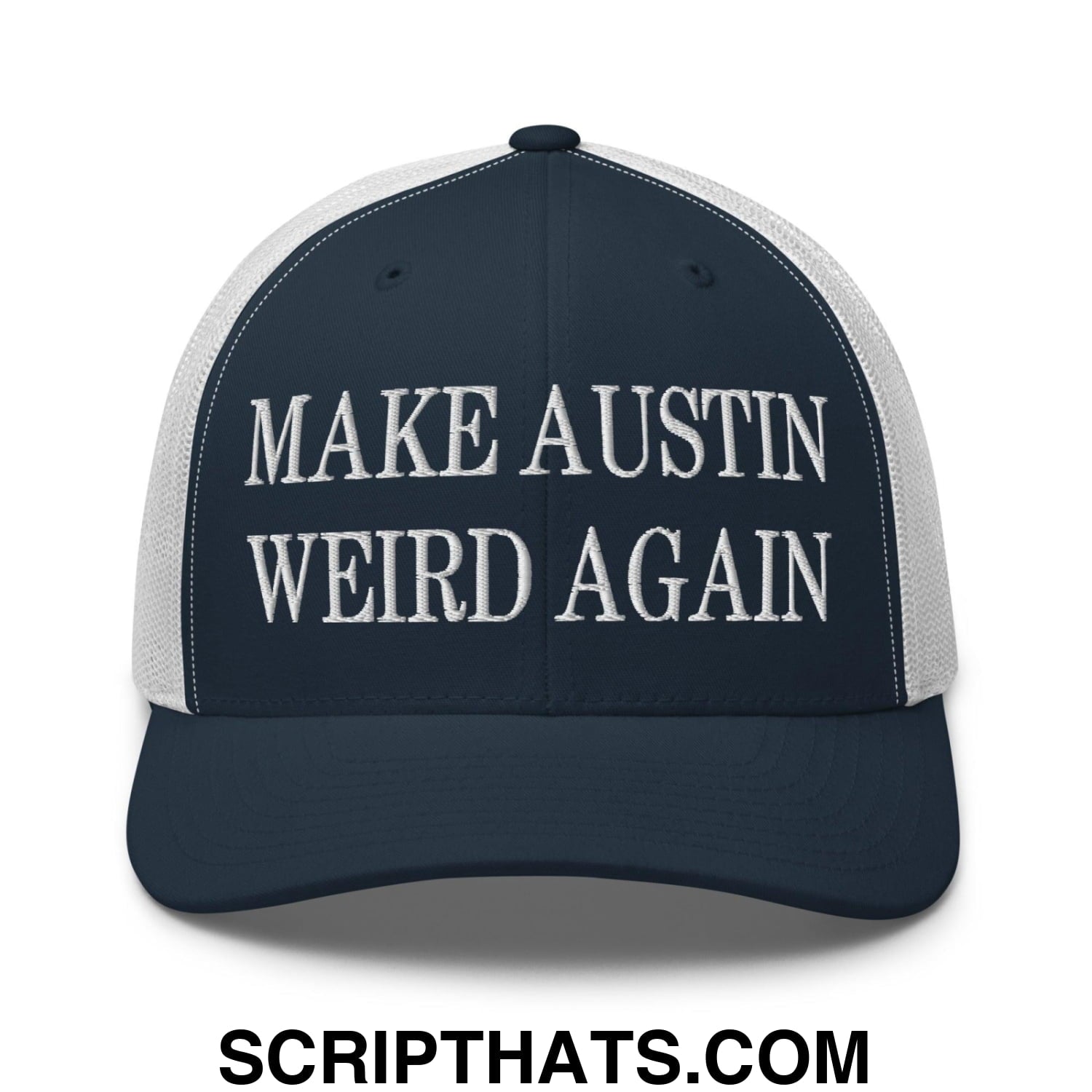 Make Austin Weird Again Embroidered Mesh Trucker Hat Navy White