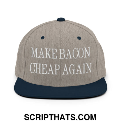 Make Bacon Cheap Again Embroidered Flat Bill Brim Snapback Hat Heather Grey Navy