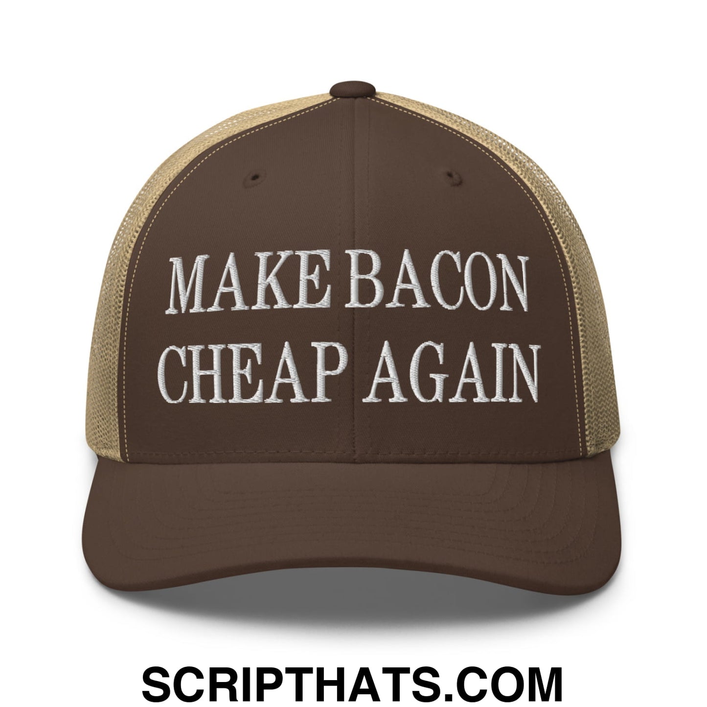 Make Bacon Cheap Again Embroidered Mesh Trucker Hat Brown Khaki
