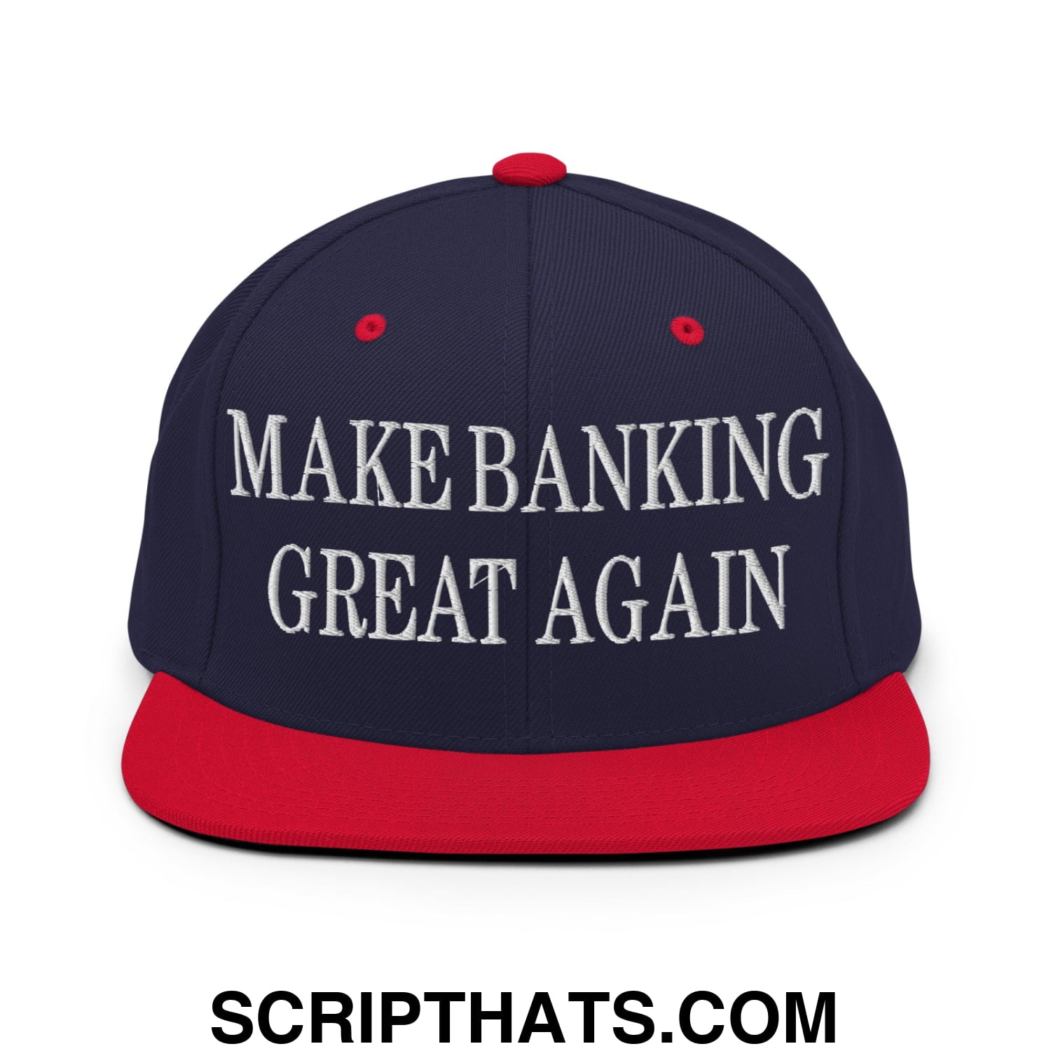 Navy blue and red snapback hat with white embroidered make banking great again text and flat bill brim design