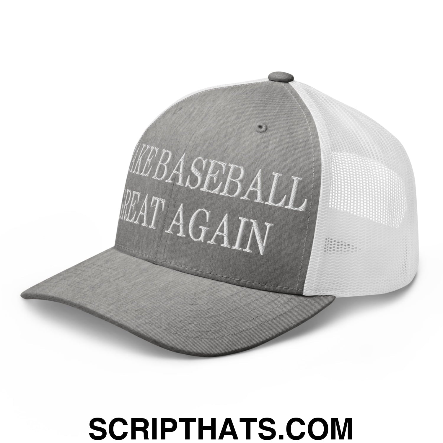 Make Baseball Great Again Embroidered Mesh Trucker Hat Heather Grey White
