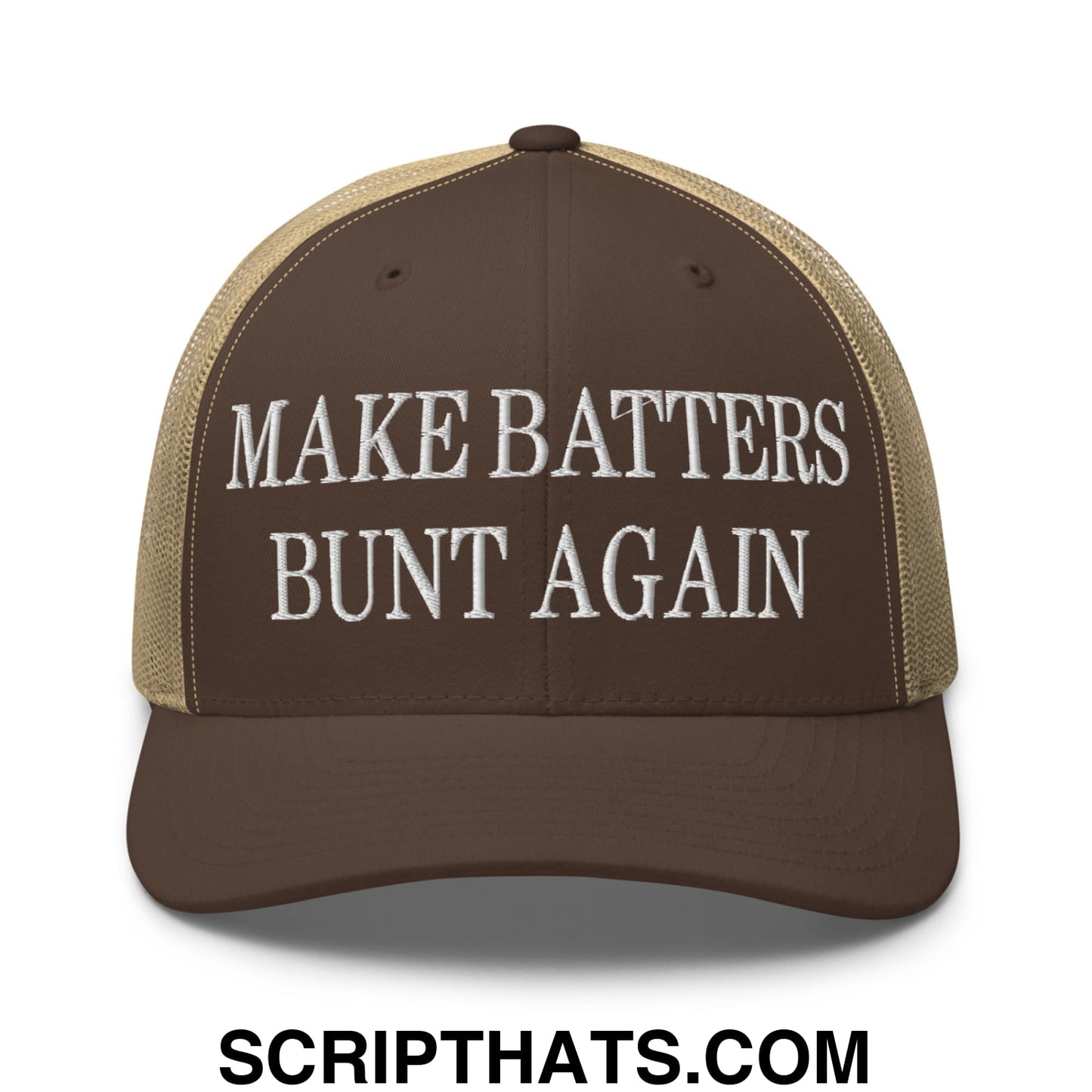Make Batters Bunt Again Embroidered Mesh Trucker Hat Brown Khaki
