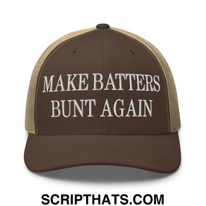 Make Batters Bunt Again Embroidered Mesh Trucker Hat Brown Khaki