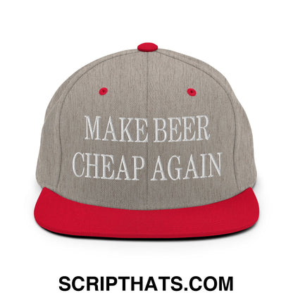 Make Beer Cheap Again Embroidered Flat Bill Brim Snapback Hat Heather Grey Red