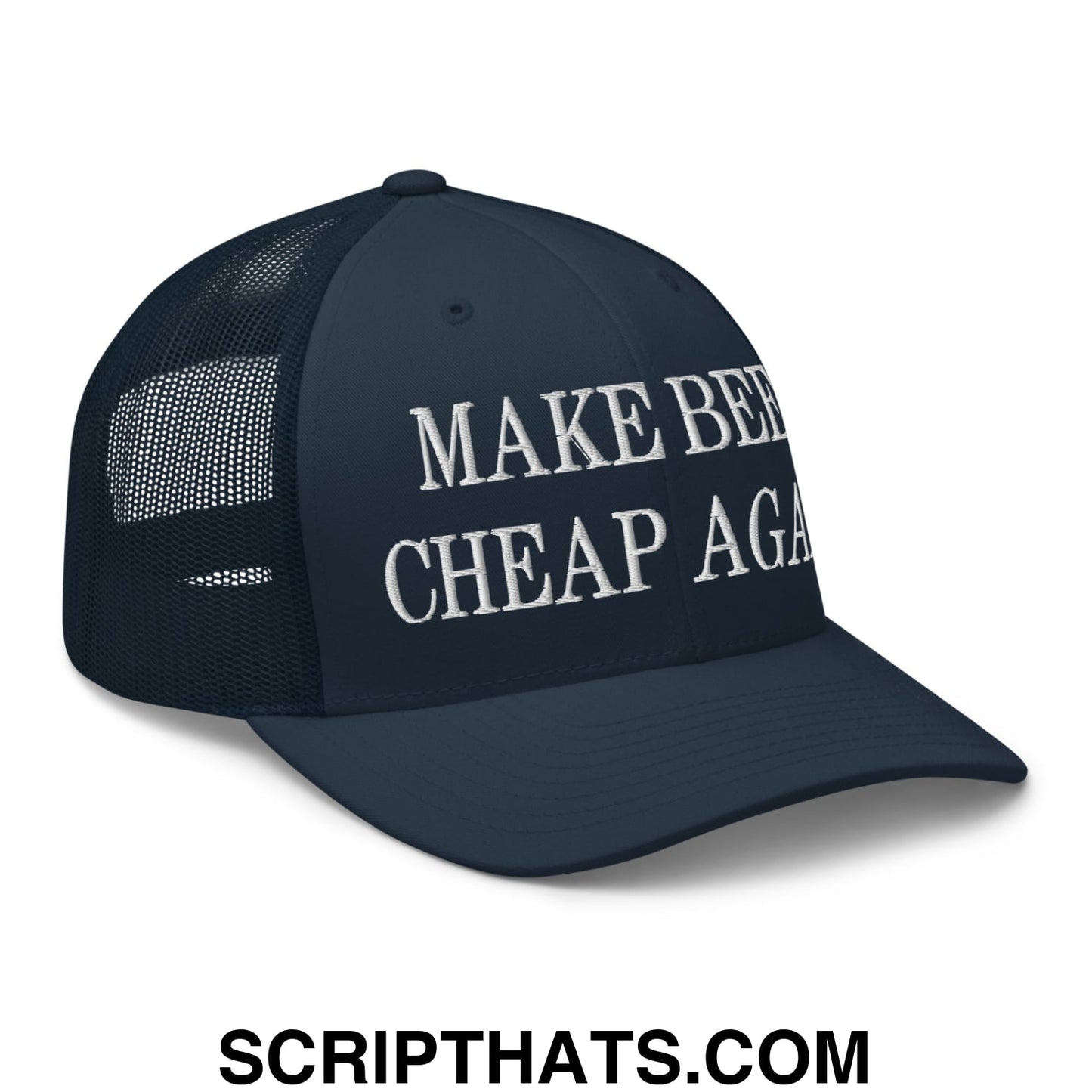 Make Beer Cheap Again Embroidered Mesh Trucker Hat Navy
