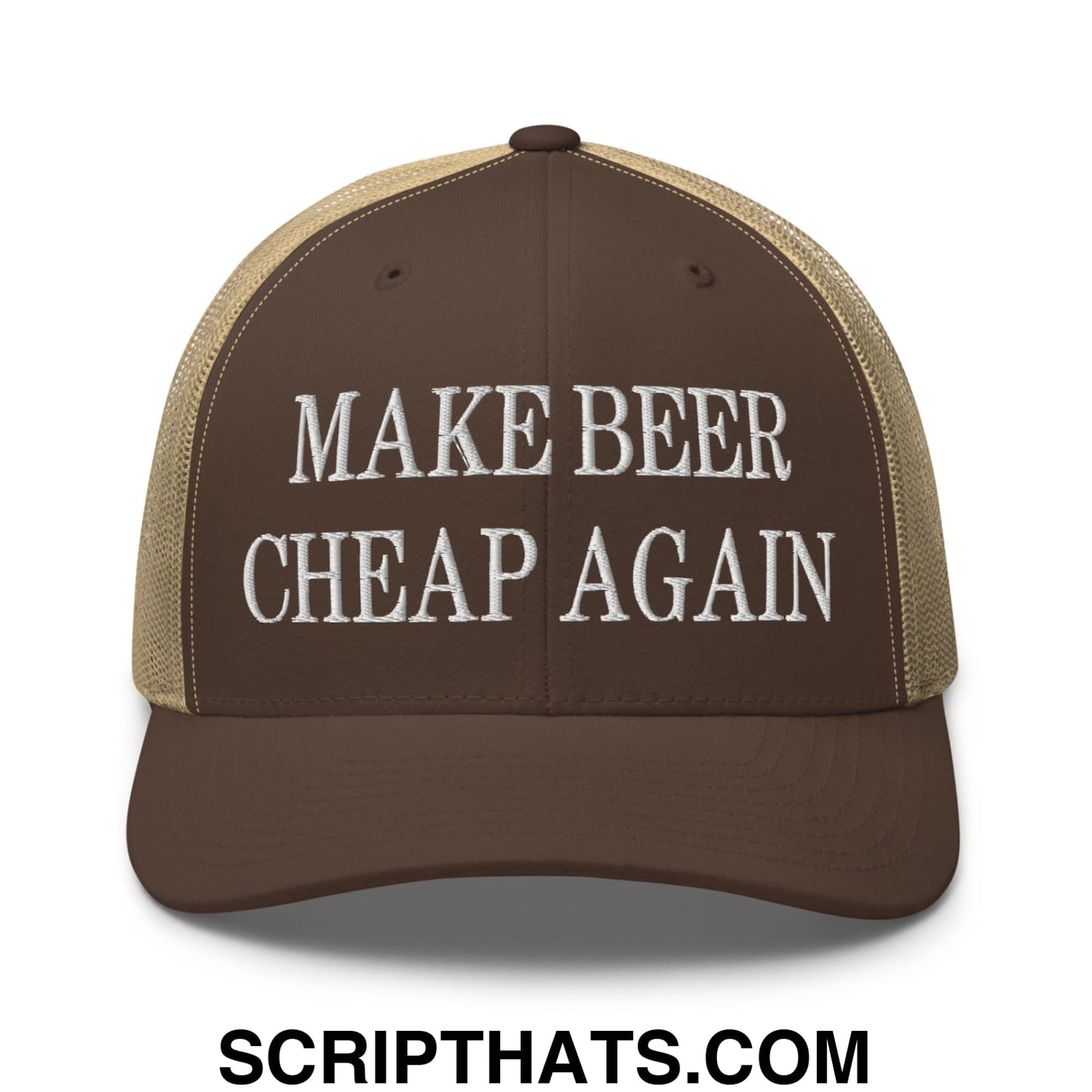 Make Beer Cheap Again Embroidered Mesh Trucker Hat Brown Khaki