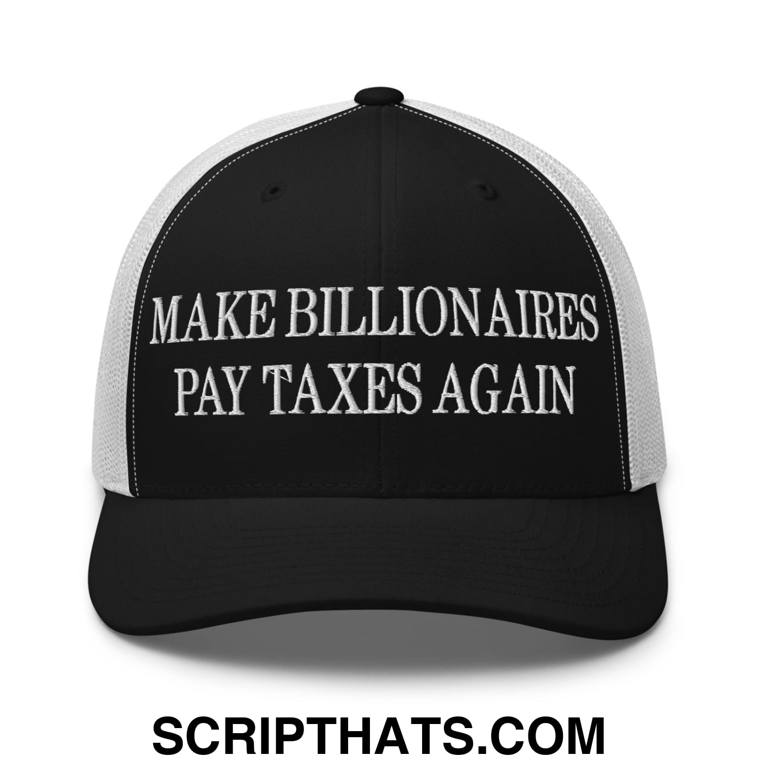 Make Billionaires Pay Taxes Again Embroidered Mesh Trucker Hat Black White