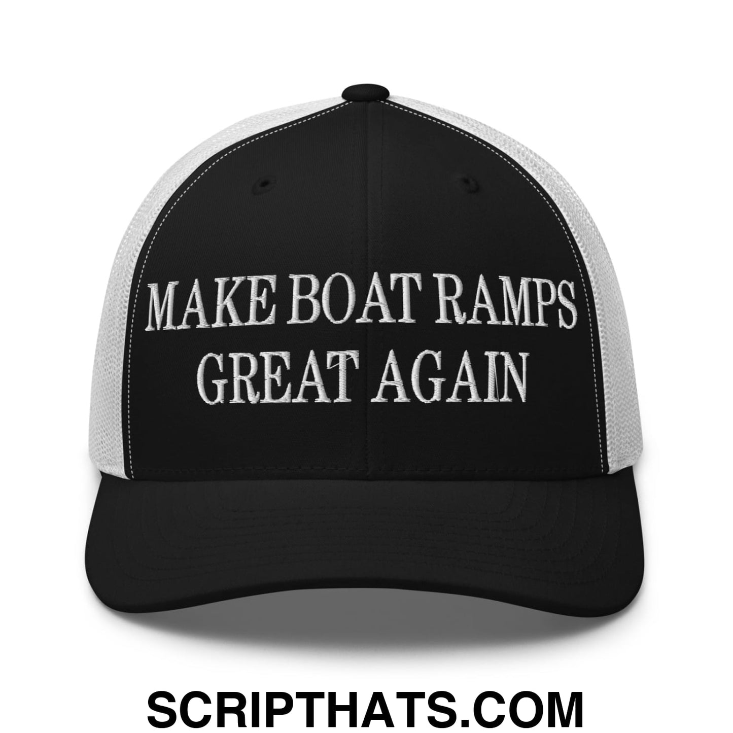Black and white mesh trucker hat with embroidered make boat ramps great again text in bold capital letters