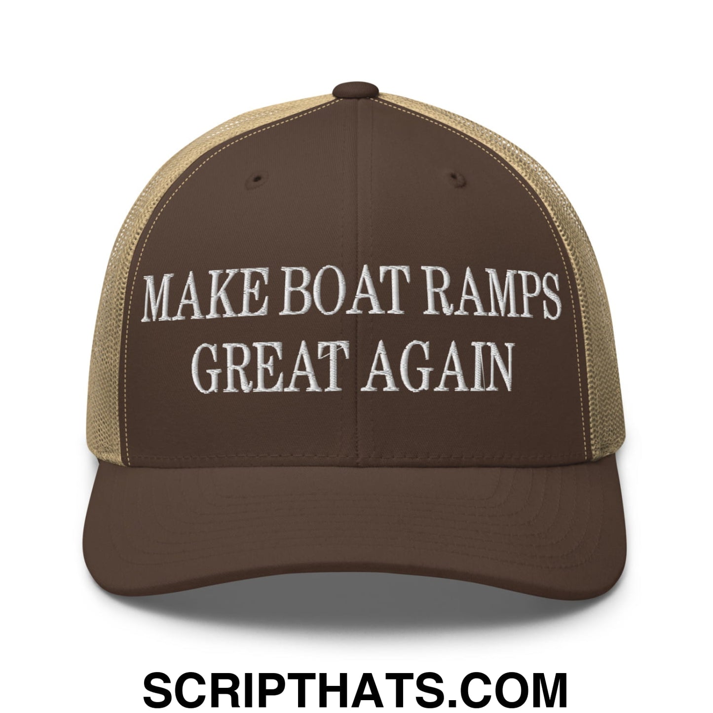Brown and tan mesh trucker hat with white embroidered text make boat ramps great again on front panel