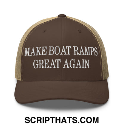 Brown and tan mesh trucker hat with white embroidered text make boat ramps great again on front panel