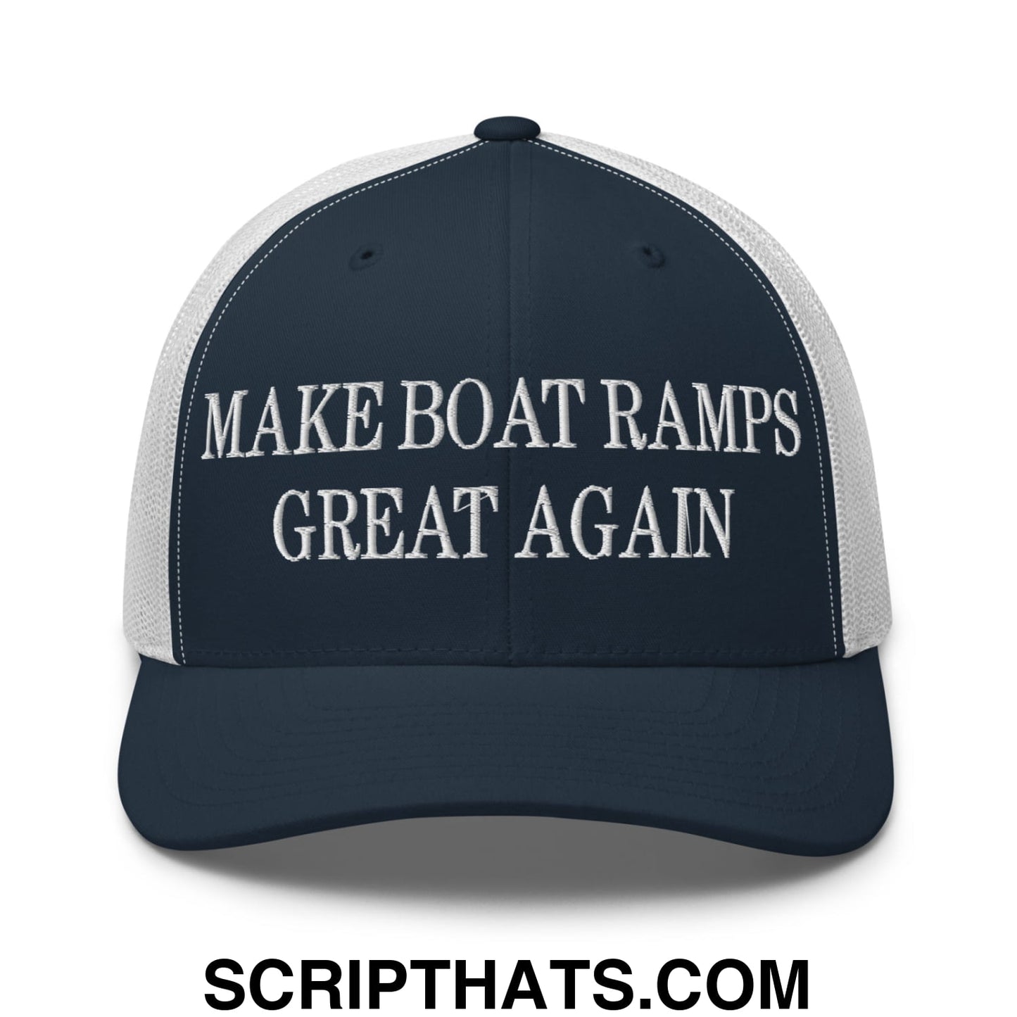 Navy blue and white mesh trucker hat with embroidered make boat ramps great again text